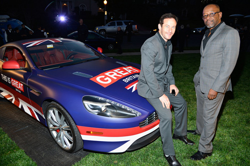 British actors Jason Isaacs (left) and Lennie James with the DB9 wrapped in the colours of the union flag in Los Angeles