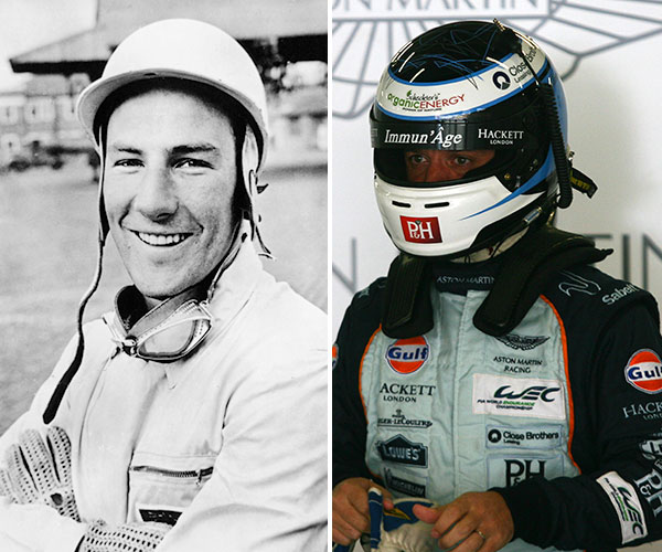 Sir Stirling in his white helmet, in the 1950s and Darren Turner in the contemporary Aston Martin Racing colours