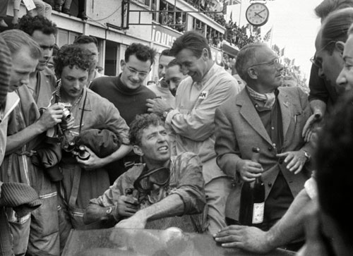 Triumphant winners Roy Salvadori, Carroll Shelby and David Brown at Le Mans, 1959